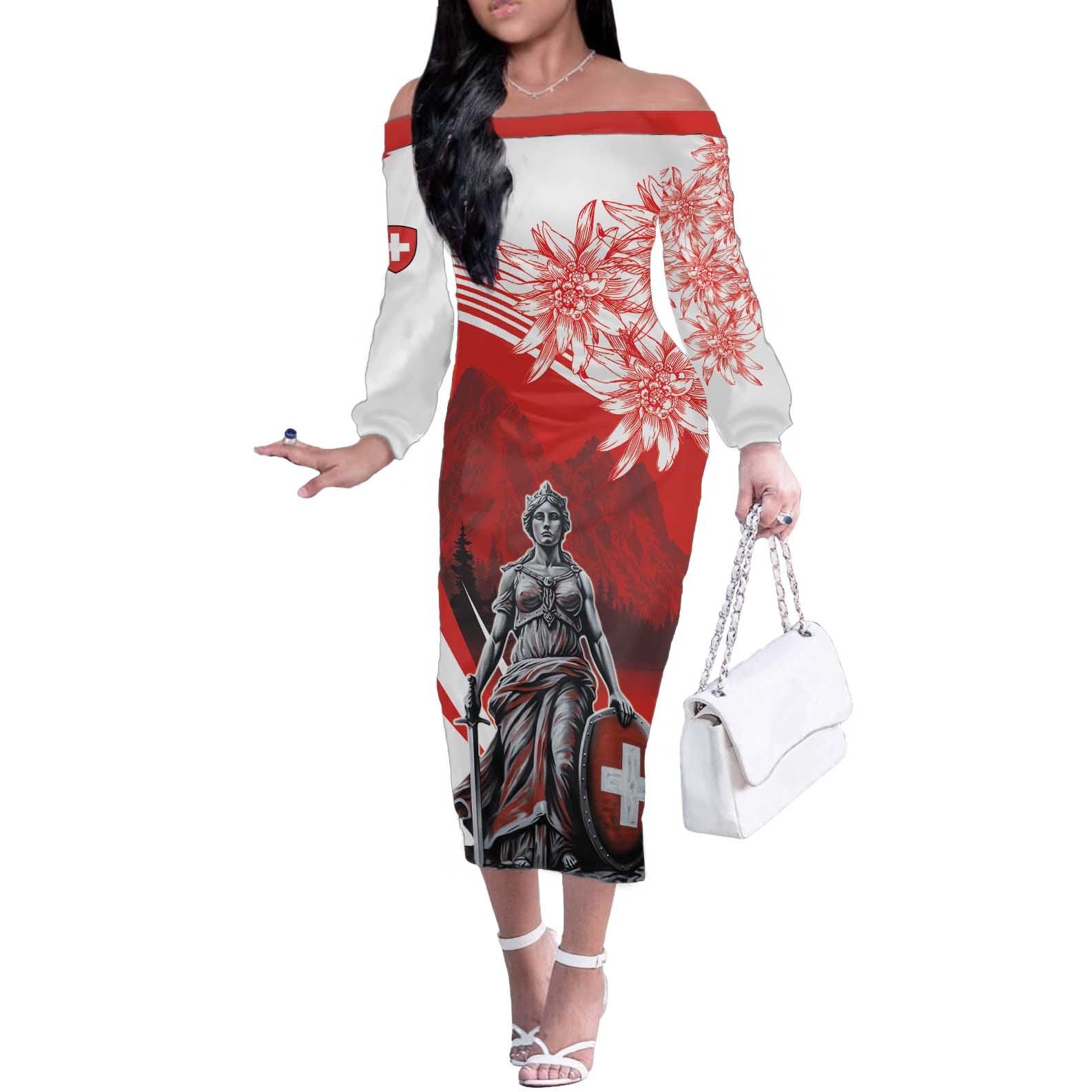 Switzerland Swiss National Day Off The Shoulder Long Sleeve Dress Helvetia Matterhorn