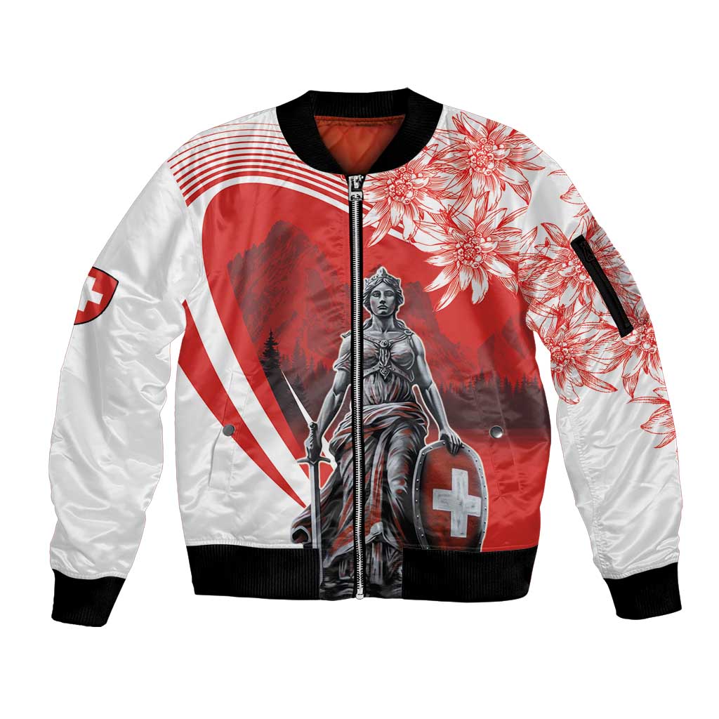 Switzerland Swiss National Day Sleeve Zip Bomber Jacket Helvetia Matterhorn