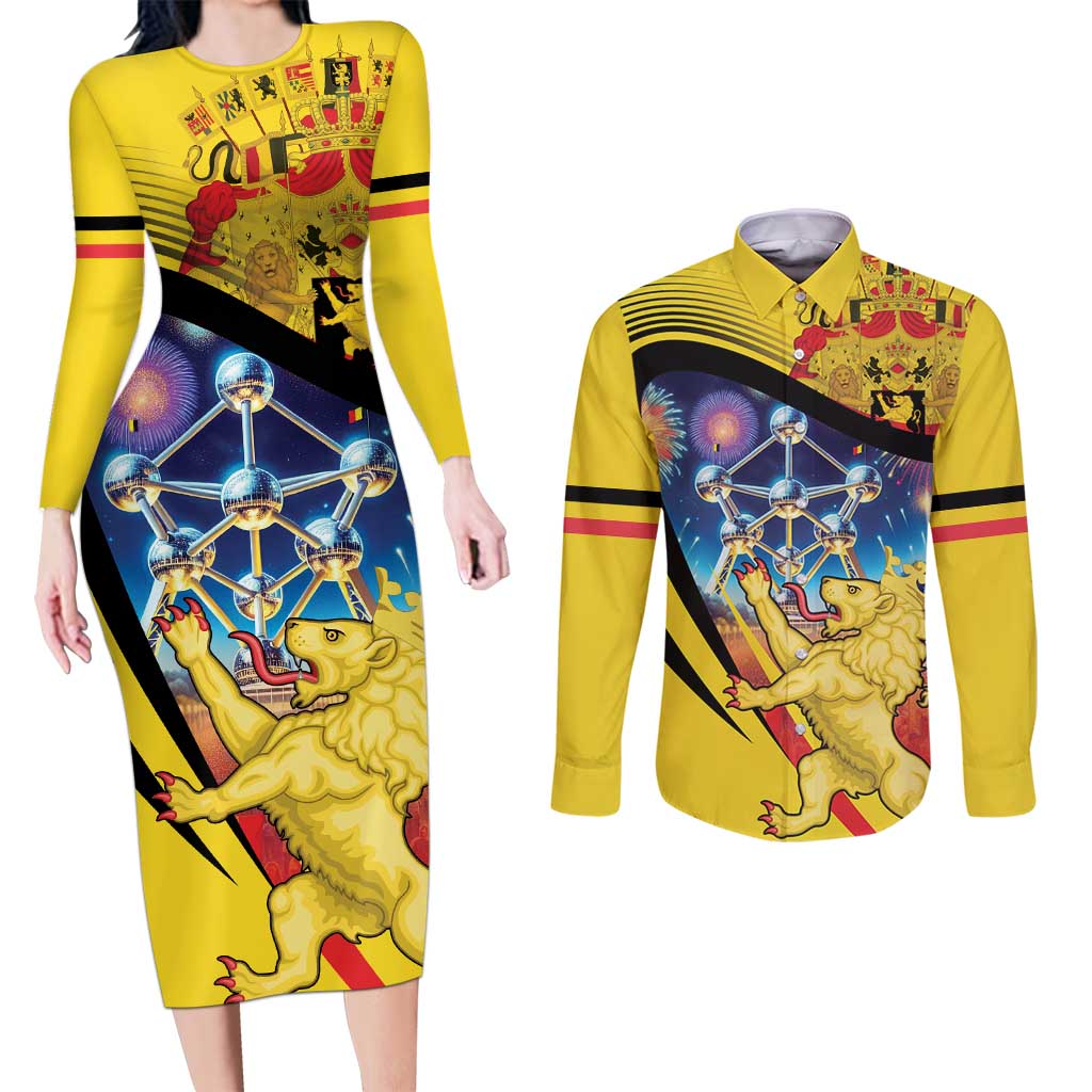 Belgium National Day Couples Matching Long Sleeve Bodycon Dress and Long Sleeve Button Shirt Atomium Leo Belgicus
