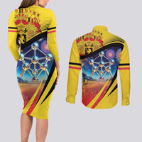 Belgium National Day Couples Matching Long Sleeve Bodycon Dress and Long Sleeve Button Shirt Atomium Leo Belgicus