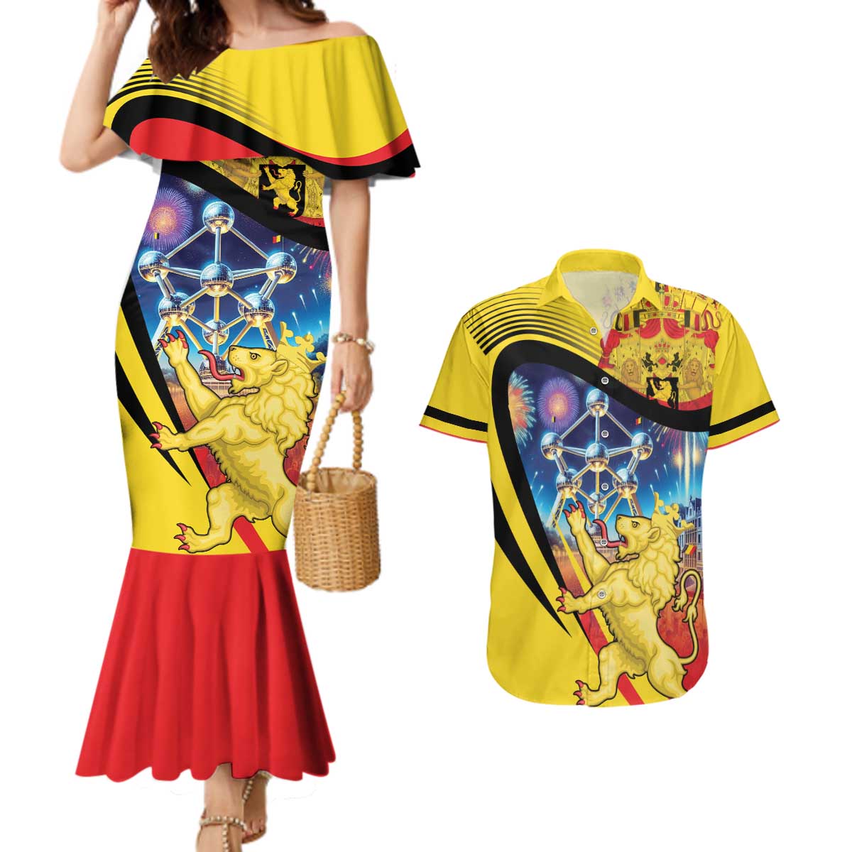 Belgium National Day Couples Matching Mermaid Dress and Hawaiian Shirt Atomium Leo Belgicus
