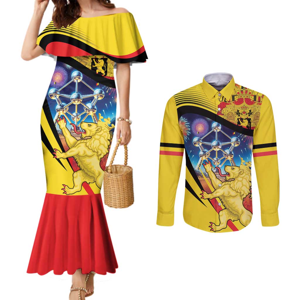 Belgium National Day Couples Matching Mermaid Dress and Long Sleeve Button Shirt Atomium Leo Belgicus