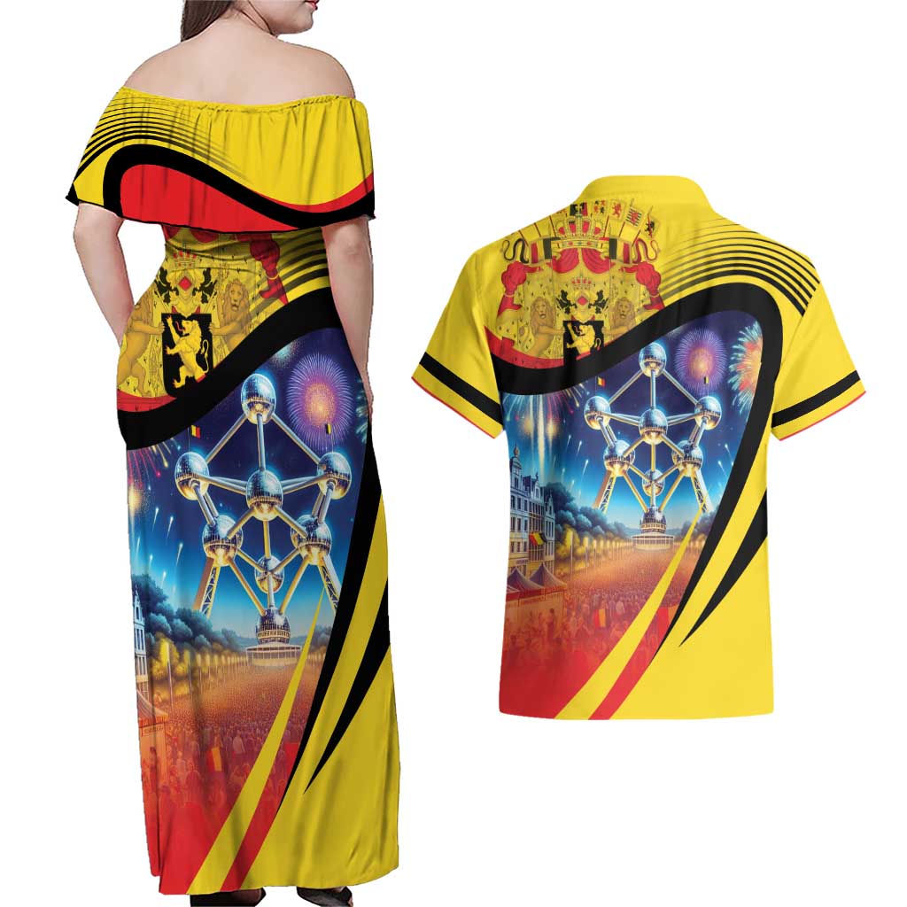 Belgium National Day Couples Matching Off Shoulder Maxi Dress and Hawaiian Shirt Atomium Leo Belgicus