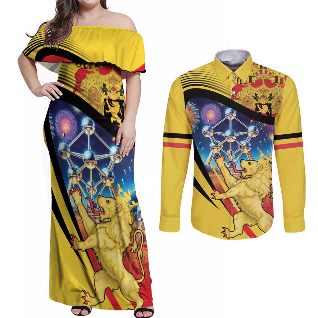 Belgium National Day Couples Matching Off Shoulder Maxi Dress and Long Sleeve Button Shirt Atomium Leo Belgicus