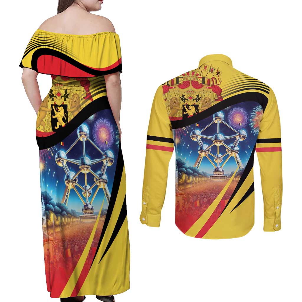 Belgium National Day Couples Matching Off Shoulder Maxi Dress and Long Sleeve Button Shirt Atomium Leo Belgicus