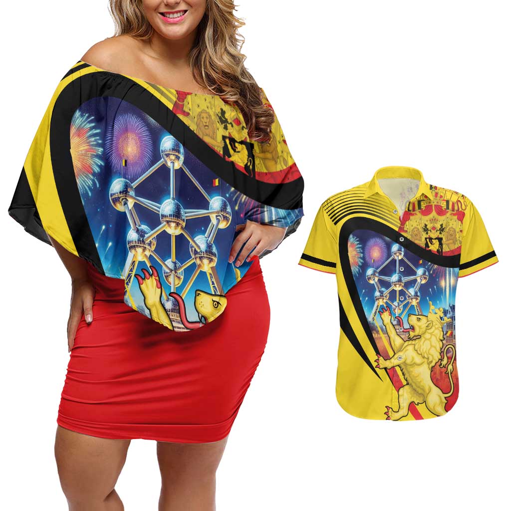 Belgium National Day Couples Matching Off Shoulder Short Dress and Hawaiian Shirt Atomium Leo Belgicus
