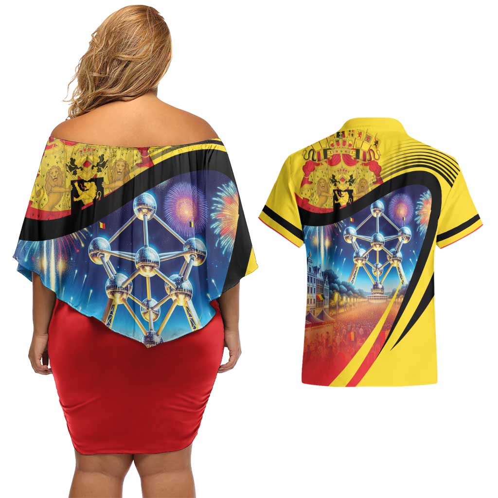 Belgium National Day Couples Matching Off Shoulder Short Dress and Hawaiian Shirt Atomium Leo Belgicus