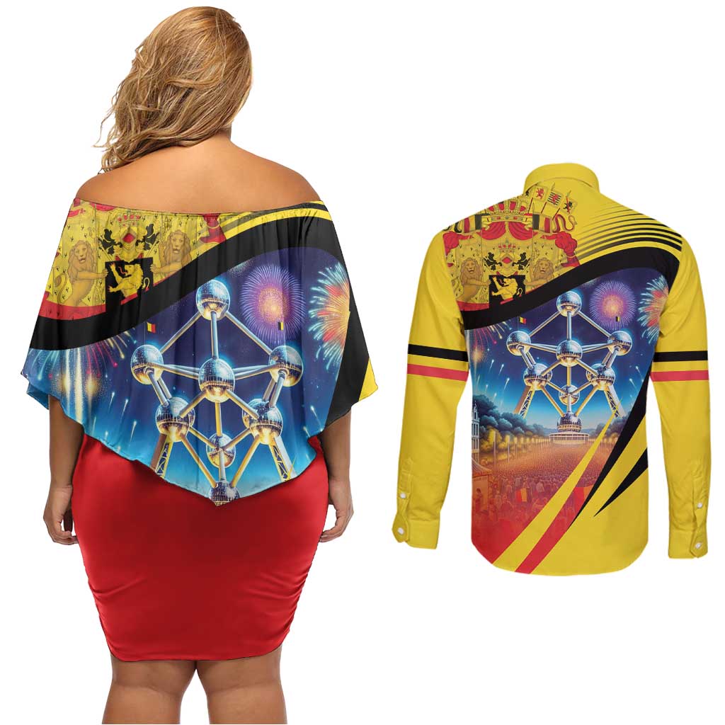 Belgium National Day Couples Matching Off Shoulder Short Dress and Long Sleeve Button Shirt Atomium Leo Belgicus