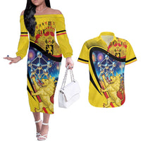 Belgium National Day Couples Matching Off The Shoulder Long Sleeve Dress and Hawaiian Shirt Atomium Leo Belgicus