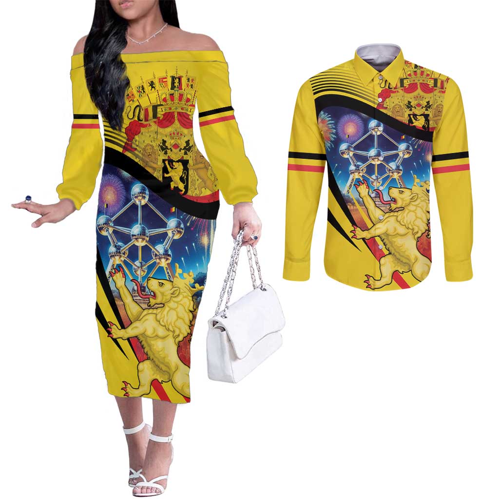 Belgium National Day Couples Matching Off The Shoulder Long Sleeve Dress and Long Sleeve Button Shirt Atomium Leo Belgicus