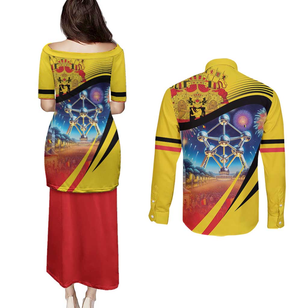Belgium National Day Couples Matching Puletasi and Long Sleeve Button Shirt Atomium Leo Belgicus