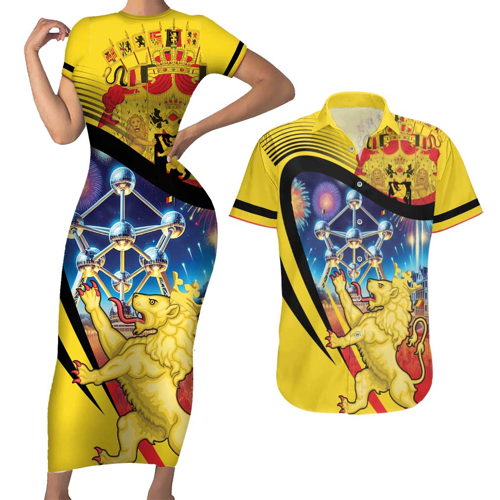 Belgium National Day Couples Matching Short Sleeve Bodycon Dress and Hawaiian Shirt Atomium Leo Belgicus