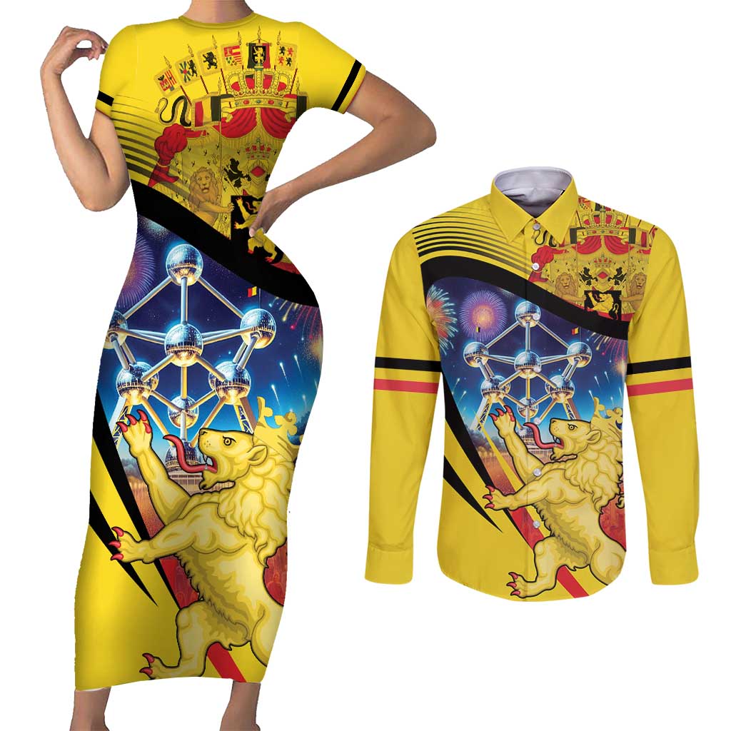 Belgium National Day Couples Matching Short Sleeve Bodycon Dress and Long Sleeve Button Shirt Atomium Leo Belgicus