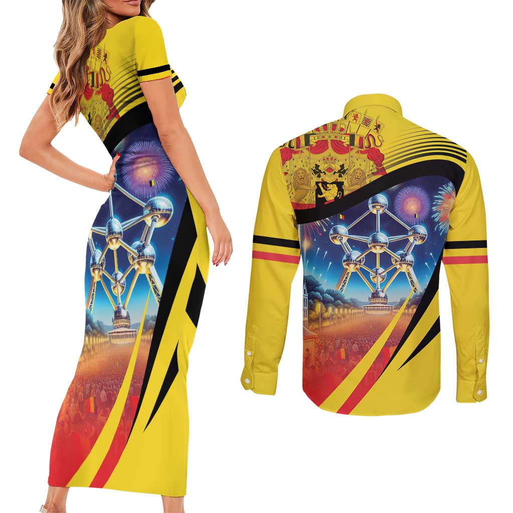 Belgium National Day Couples Matching Short Sleeve Bodycon Dress and Long Sleeve Button Shirt Atomium Leo Belgicus