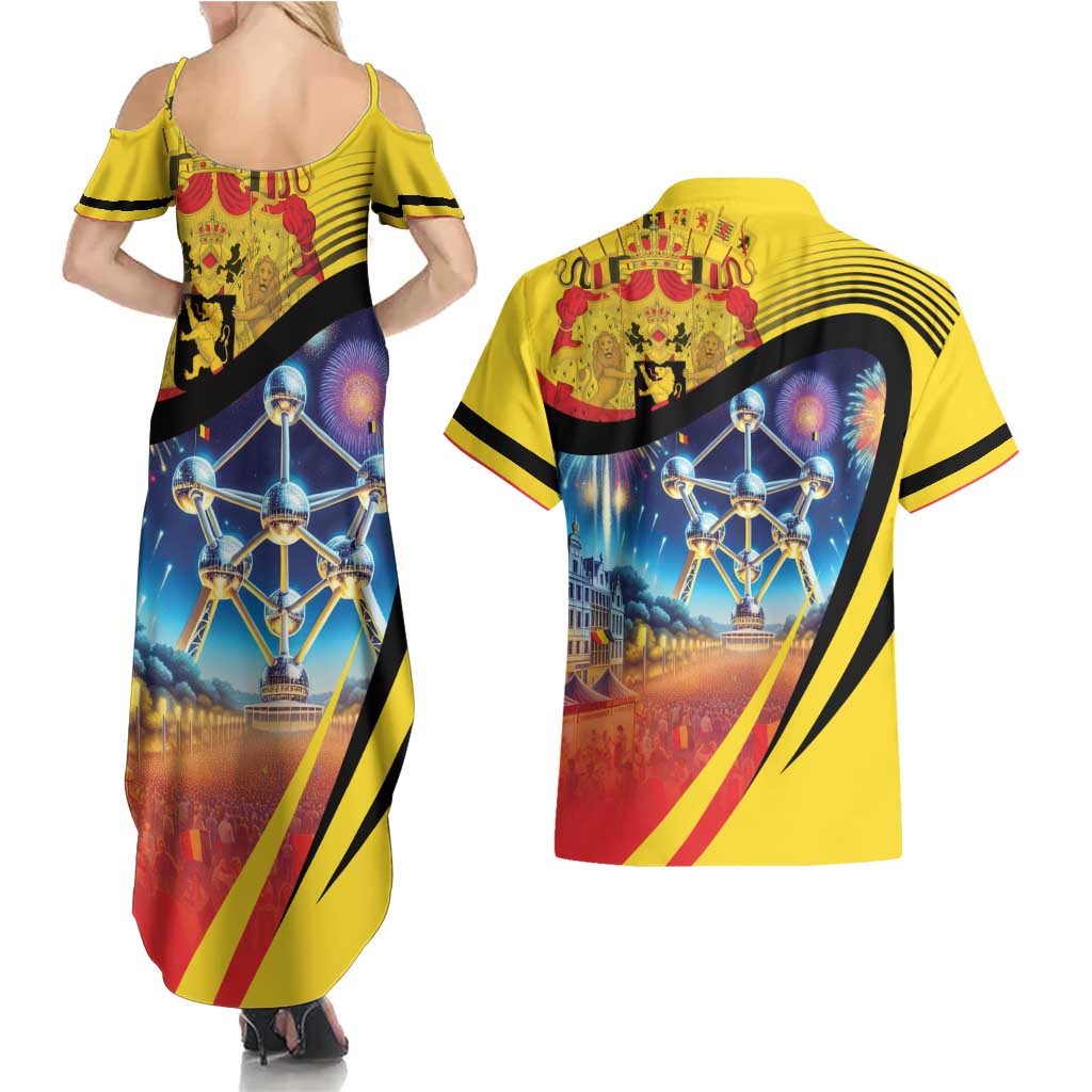 Belgium National Day Couples Matching Summer Maxi Dress and Hawaiian Shirt Atomium Leo Belgicus