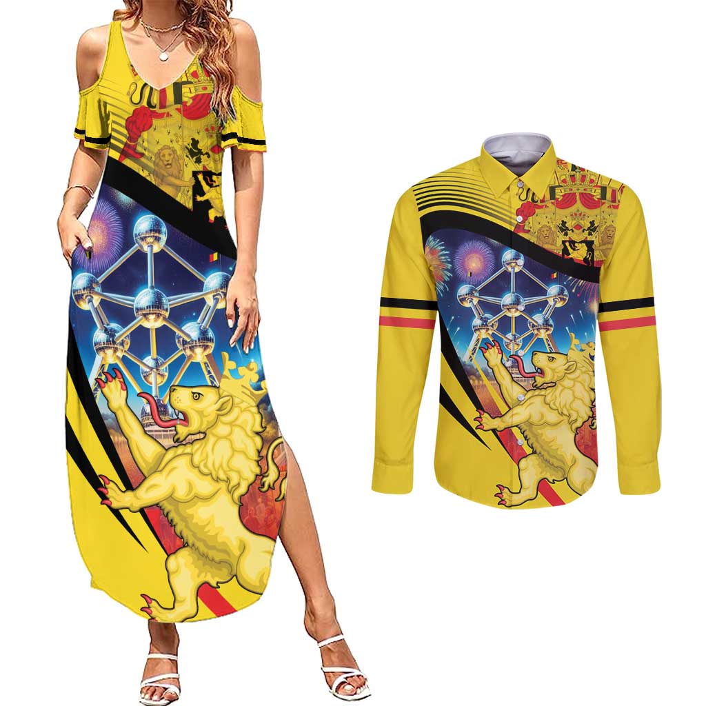 Belgium National Day Couples Matching Summer Maxi Dress and Long Sleeve Button Shirt Atomium Leo Belgicus