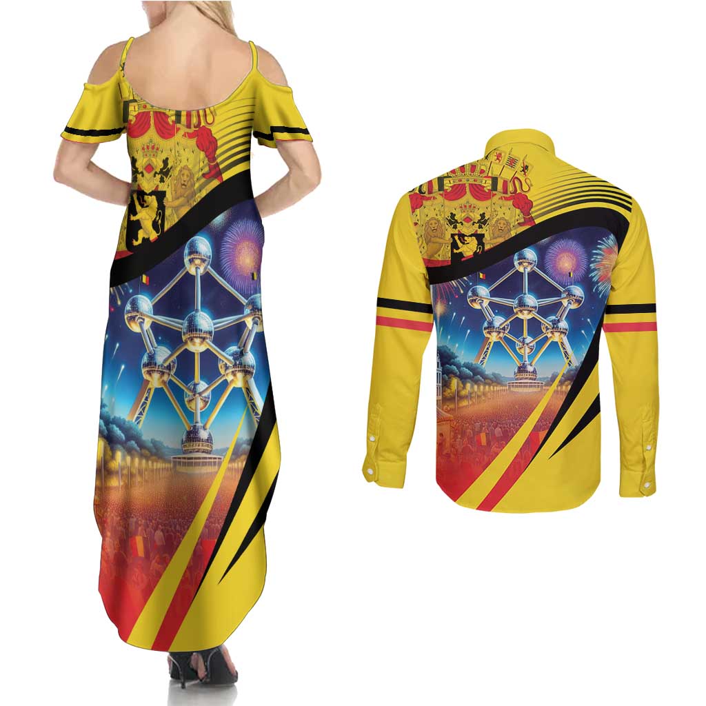 Belgium National Day Couples Matching Summer Maxi Dress and Long Sleeve Button Shirt Atomium Leo Belgicus