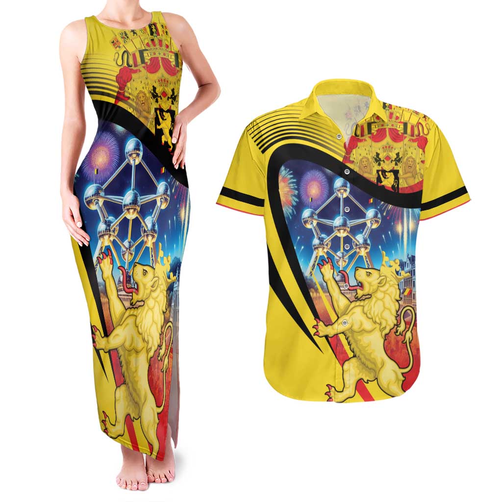 Belgium National Day Couples Matching Tank Maxi Dress and Hawaiian Shirt Atomium Leo Belgicus