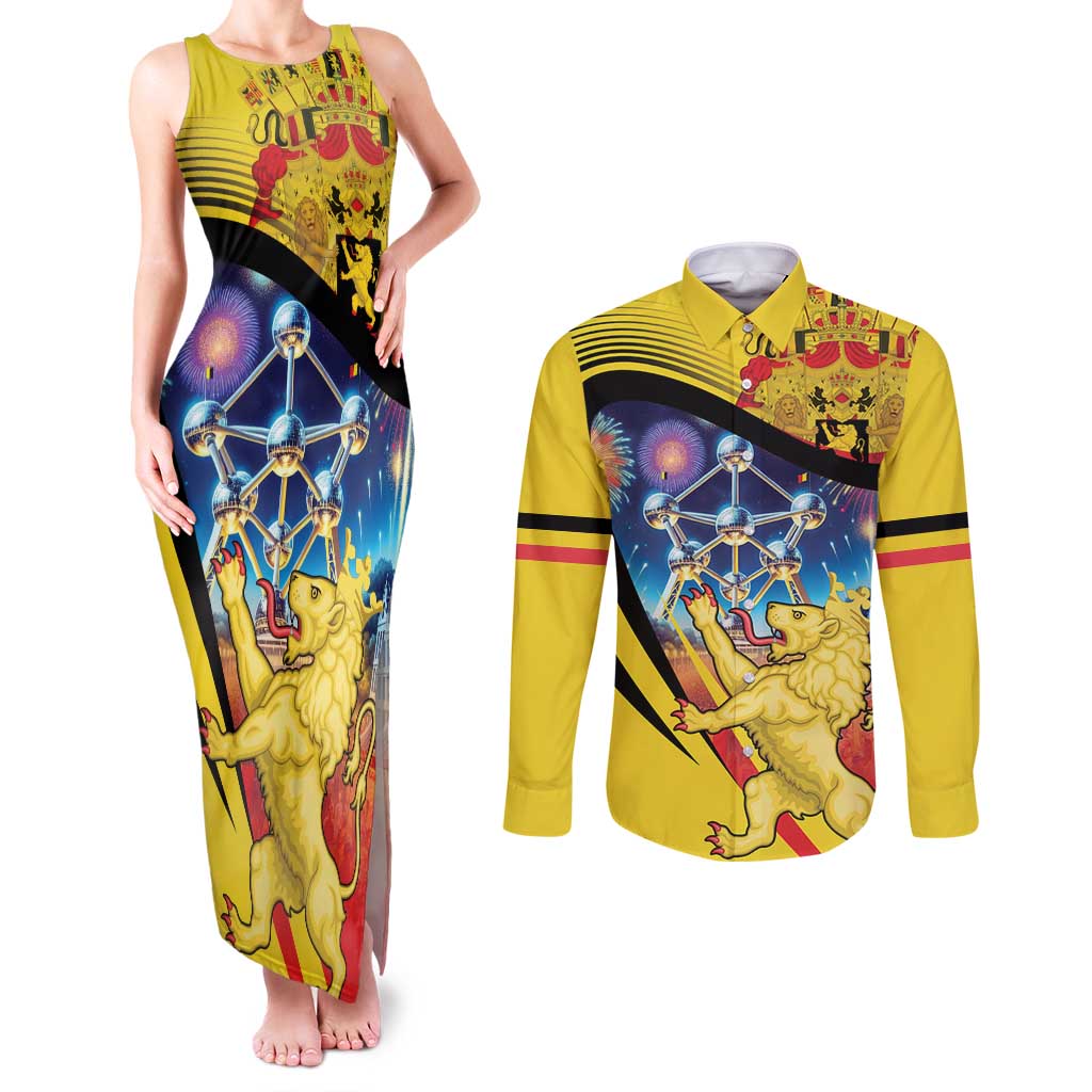 Belgium National Day Couples Matching Tank Maxi Dress and Long Sleeve Button Shirt Atomium Leo Belgicus