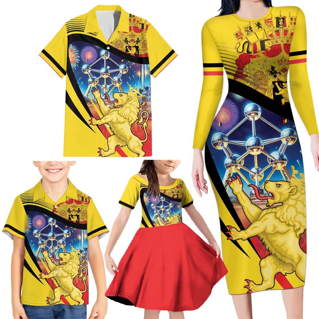 Belgium National Day Family Matching Long Sleeve Bodycon Dress and Hawaiian Shirt Atomium Leo Belgicus