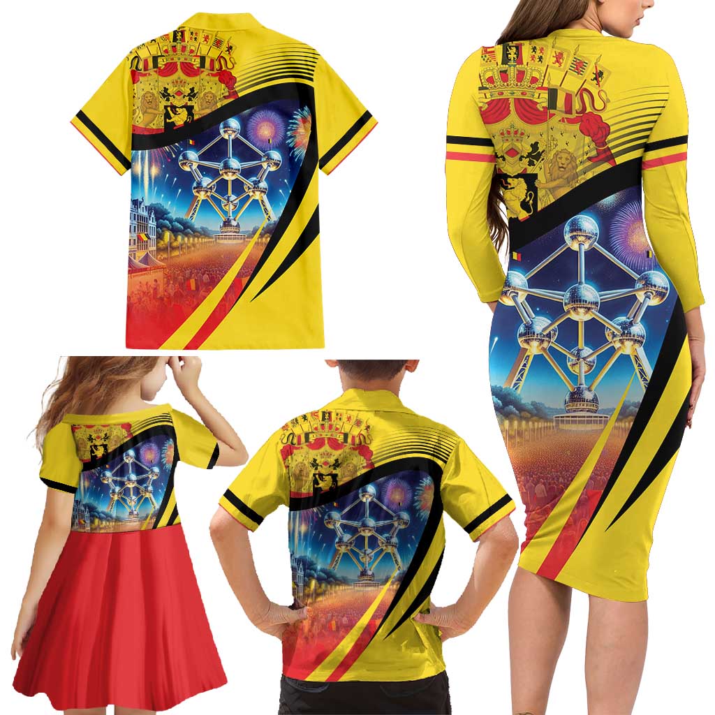 Belgium National Day Family Matching Long Sleeve Bodycon Dress and Hawaiian Shirt Atomium Leo Belgicus