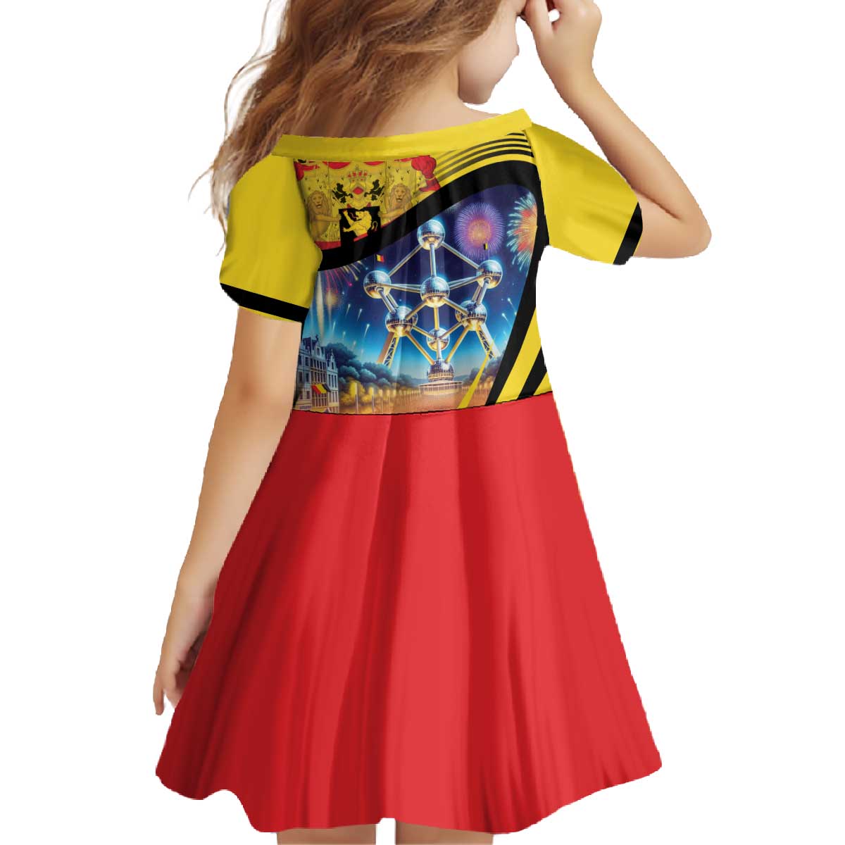 Belgium National Day Family Matching Off The Shoulder Long Sleeve Dress and Hawaiian Shirt Atomium Leo Belgicus