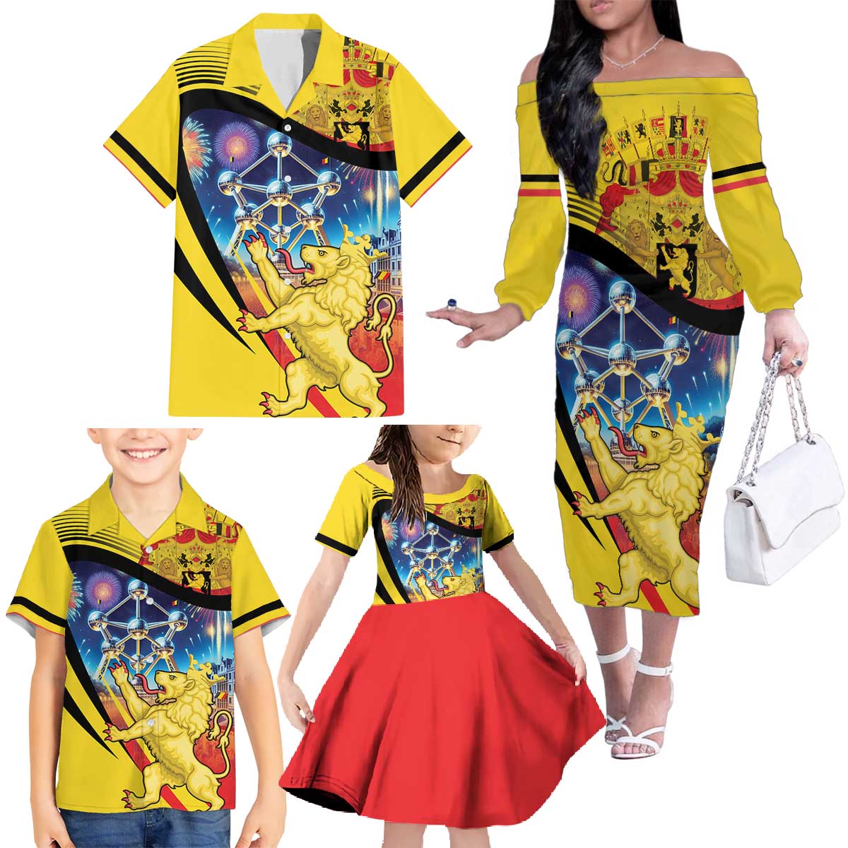 Belgium National Day Family Matching Off The Shoulder Long Sleeve Dress and Hawaiian Shirt Atomium Leo Belgicus
