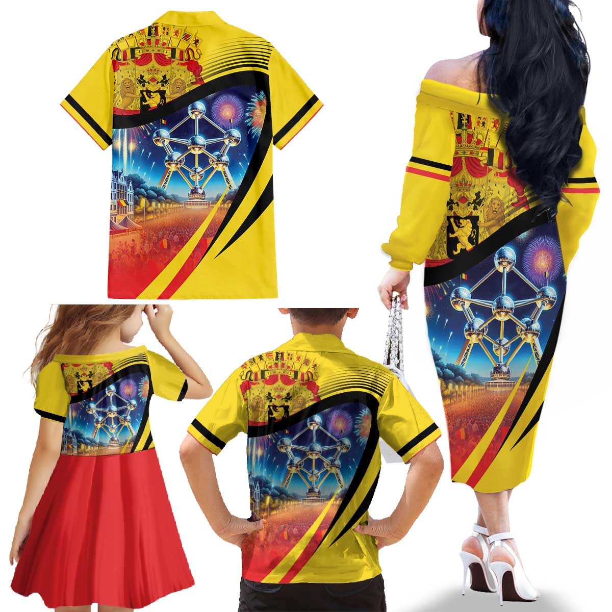 Belgium National Day Family Matching Off The Shoulder Long Sleeve Dress and Hawaiian Shirt Atomium Leo Belgicus