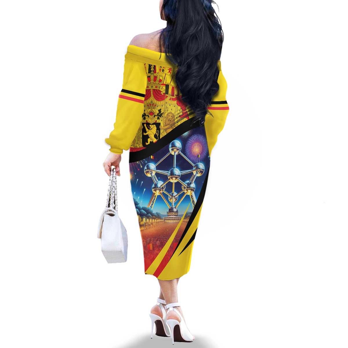 Belgium National Day Family Matching Off The Shoulder Long Sleeve Dress and Hawaiian Shirt Atomium Leo Belgicus