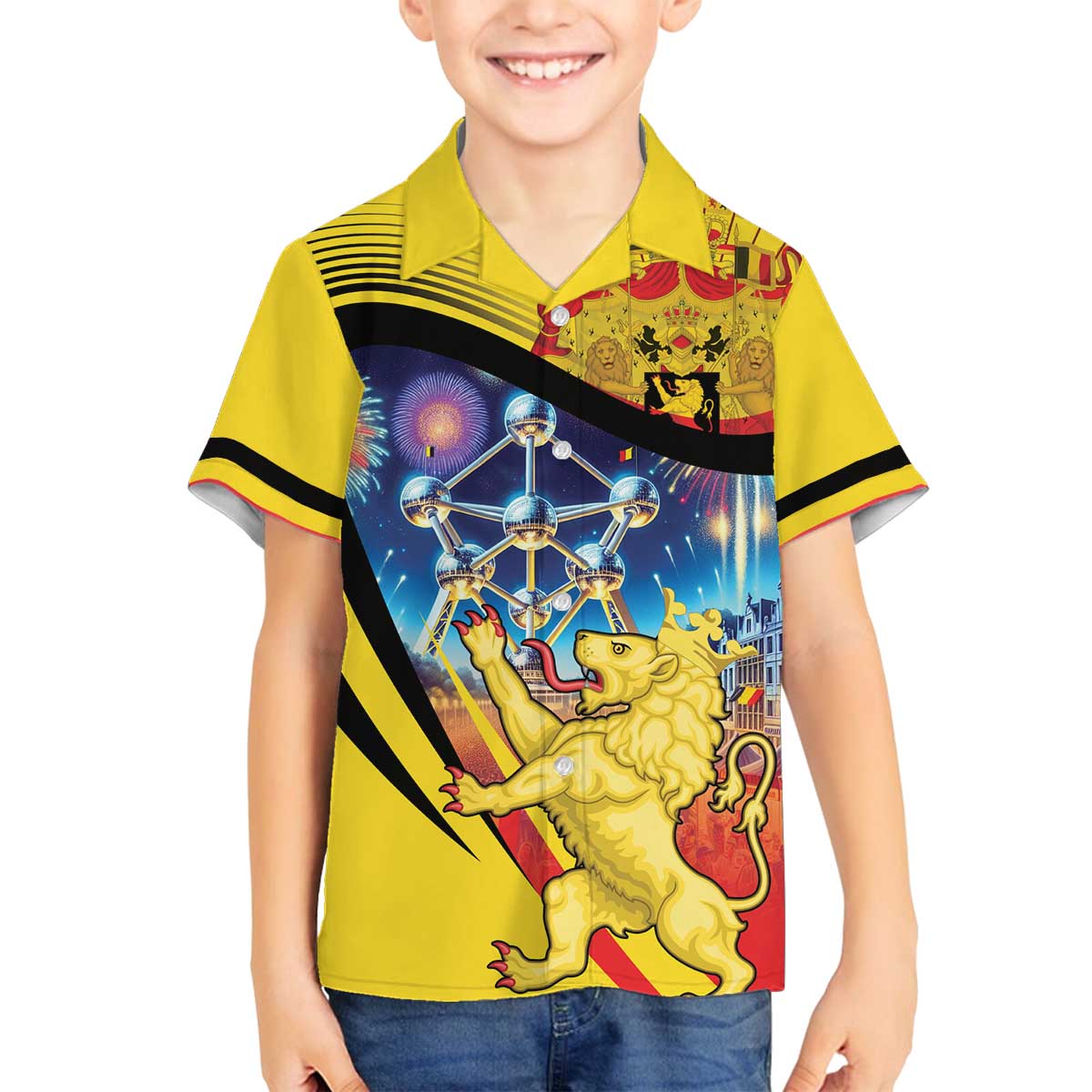 Belgium National Day Family Matching Off The Shoulder Long Sleeve Dress and Hawaiian Shirt Atomium Leo Belgicus