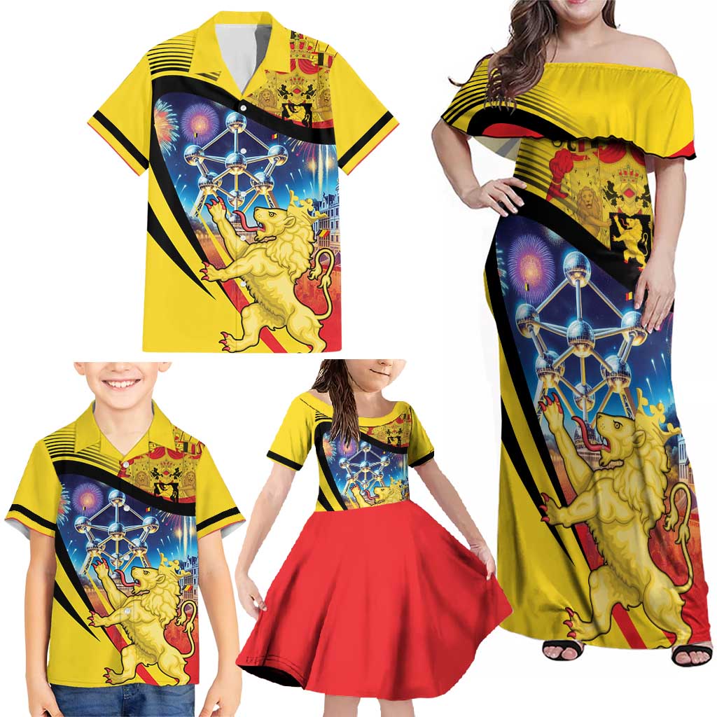 Belgium National Day Family Matching Off Shoulder Maxi Dress and Hawaiian Shirt Atomium Leo Belgicus
