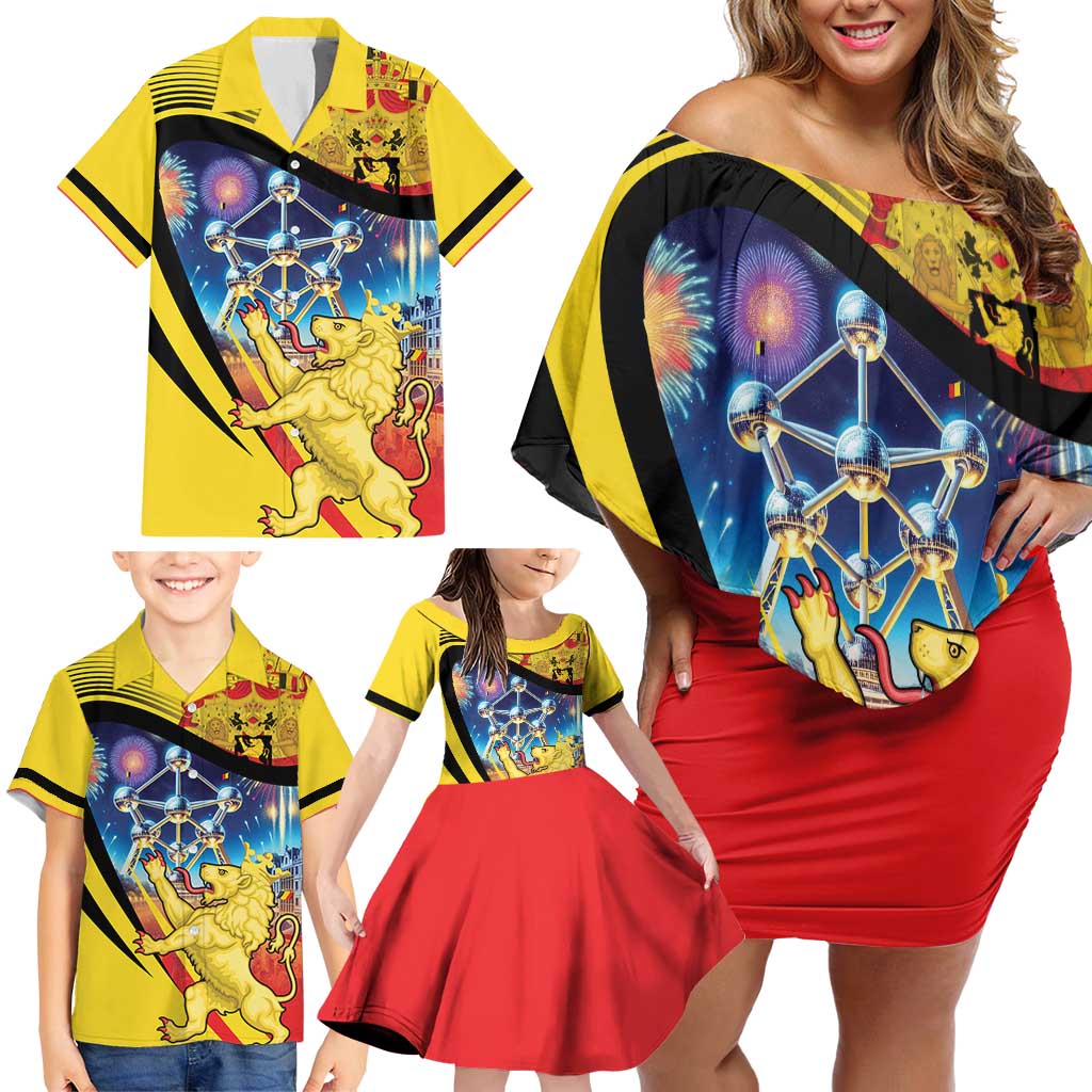 Belgium National Day Family Matching Off Shoulder Short Dress and Hawaiian Shirt Atomium Leo Belgicus