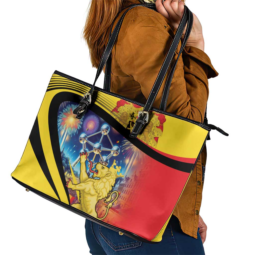 Belgium National Day Leather Tote Bag Atomium Leo Belgicus