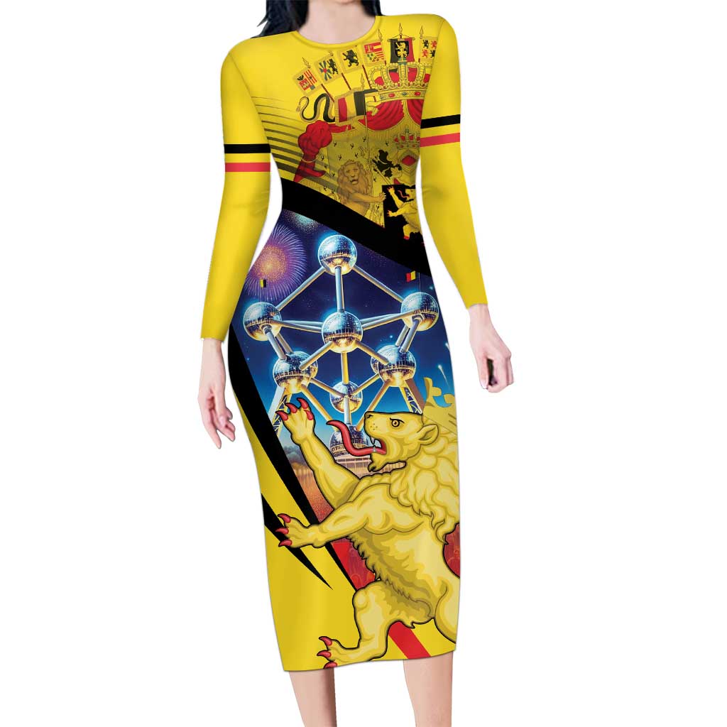 Belgium National Day Long Sleeve Bodycon Dress Atomium Leo Belgicus