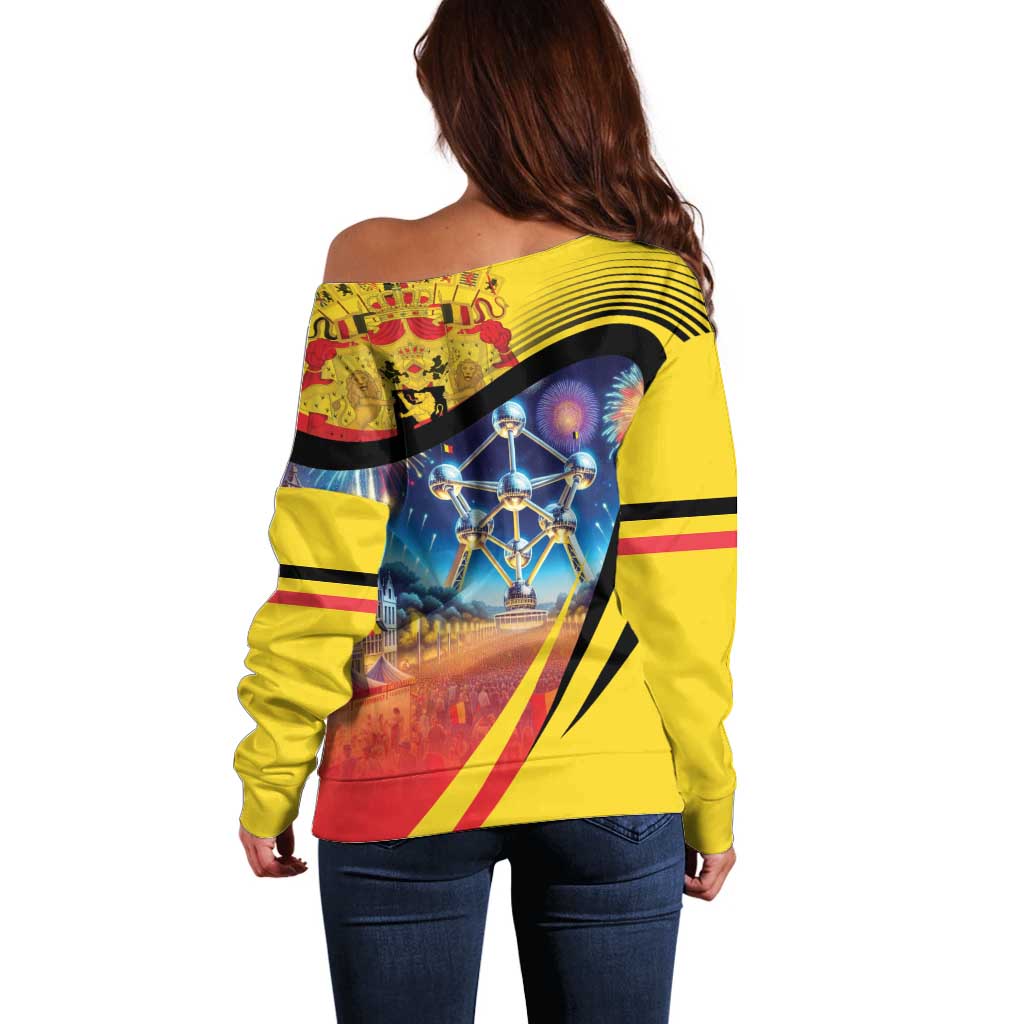 Belgium National Day Off Shoulder Sweater Atomium Leo Belgicus