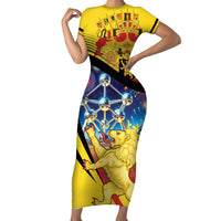 Belgium National Day Short Sleeve Bodycon Dress Atomium Leo Belgicus