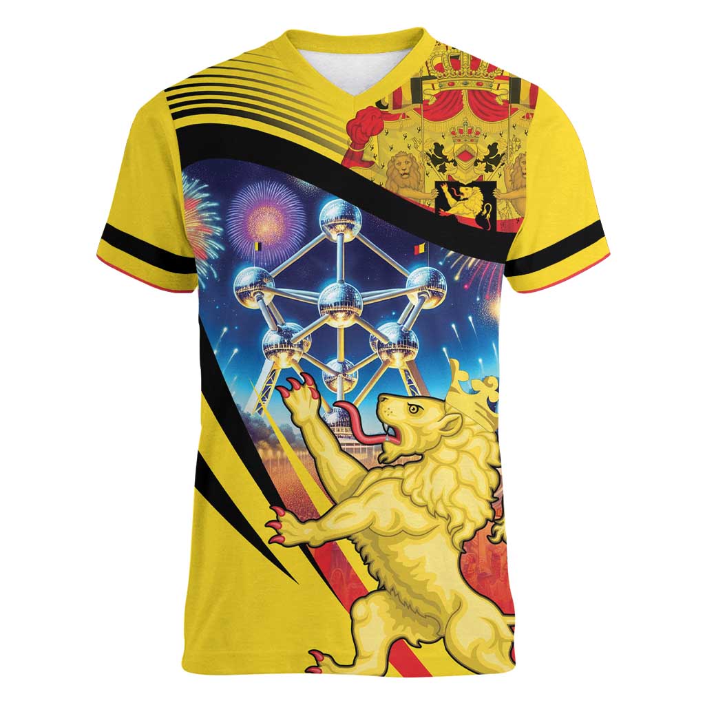 Belgium National Day Women V-Neck T-Shirt Atomium Leo Belgicus