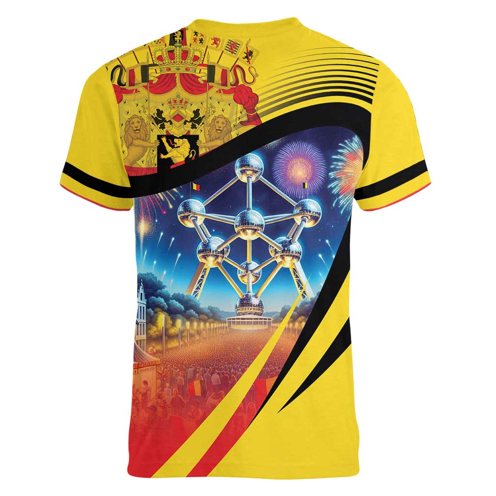 Belgium National Day Women V-Neck T-Shirt Atomium Leo Belgicus