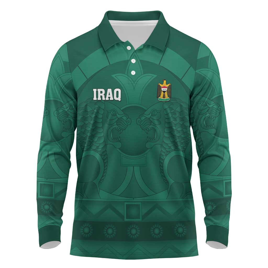 Iraq Football Custom Long Sleeve Polo Shirt Mesopotamian Lion Pattern