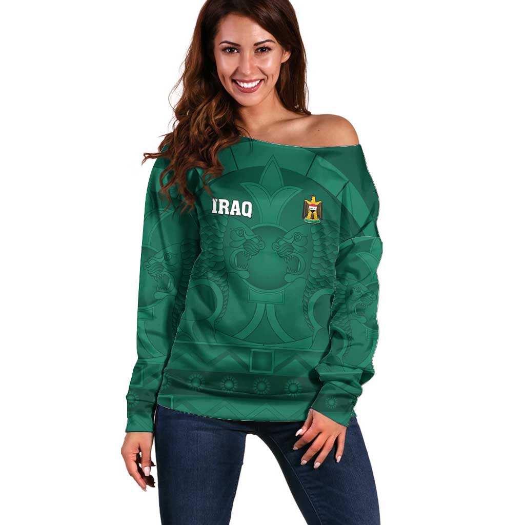 Iraq Football Custom Off Shoulder Sweater Mesopotamian Lion Pattern