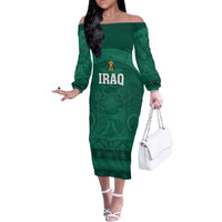 Iraq Football Custom Off The Shoulder Long Sleeve Dress Mesopotamian Lion Pattern