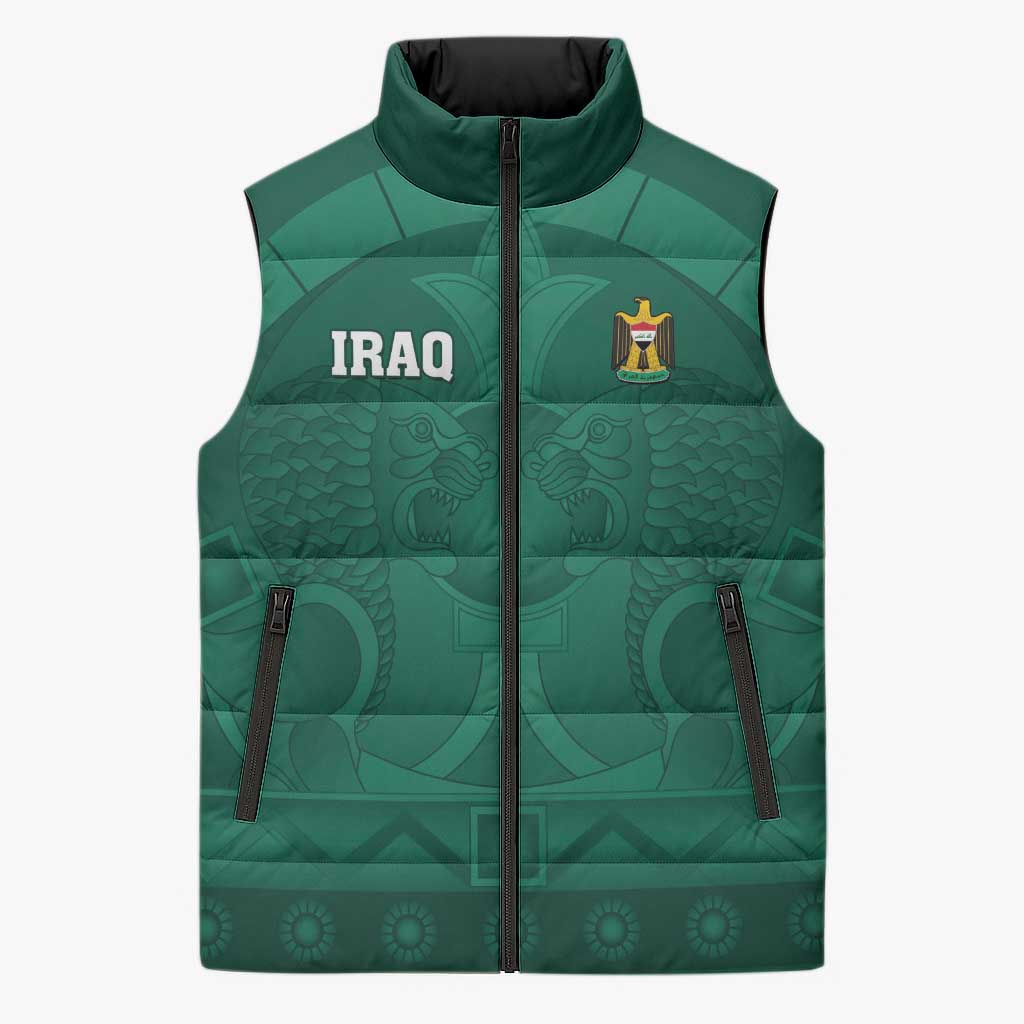 Iraq Football Custom Sleeveless Puffer Jacket Mesopotamian Lion Pattern