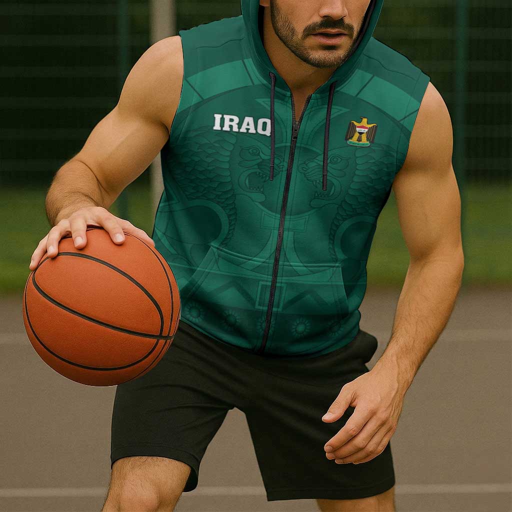 Iraq Football Custom Sleeveless Zip Hoodie Mesopotamian Lion Pattern