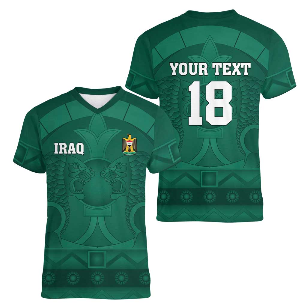 Iraq Football Custom Women V-Neck T-Shirt Mesopotamian Lion Pattern