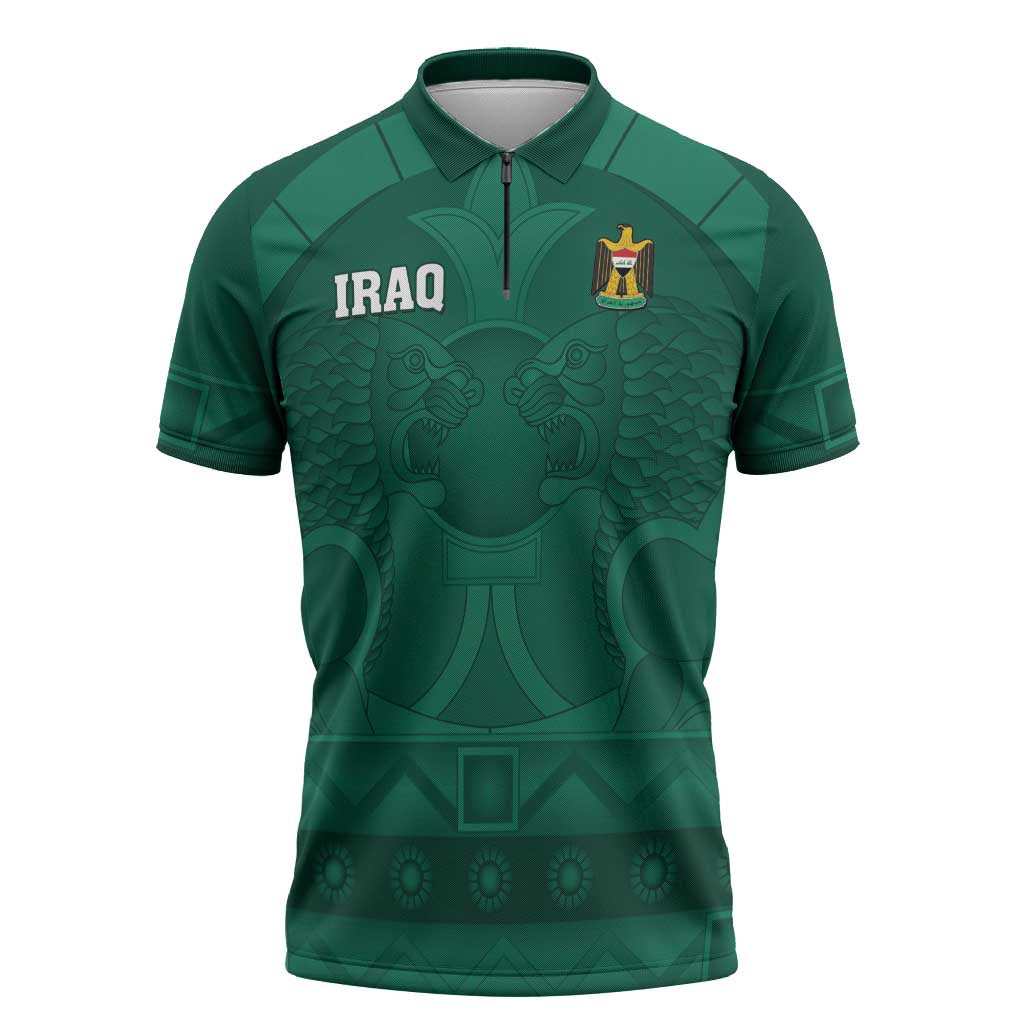 Iraq Football Custom Zipper Polo Shirt Mesopotamian Lion Pattern