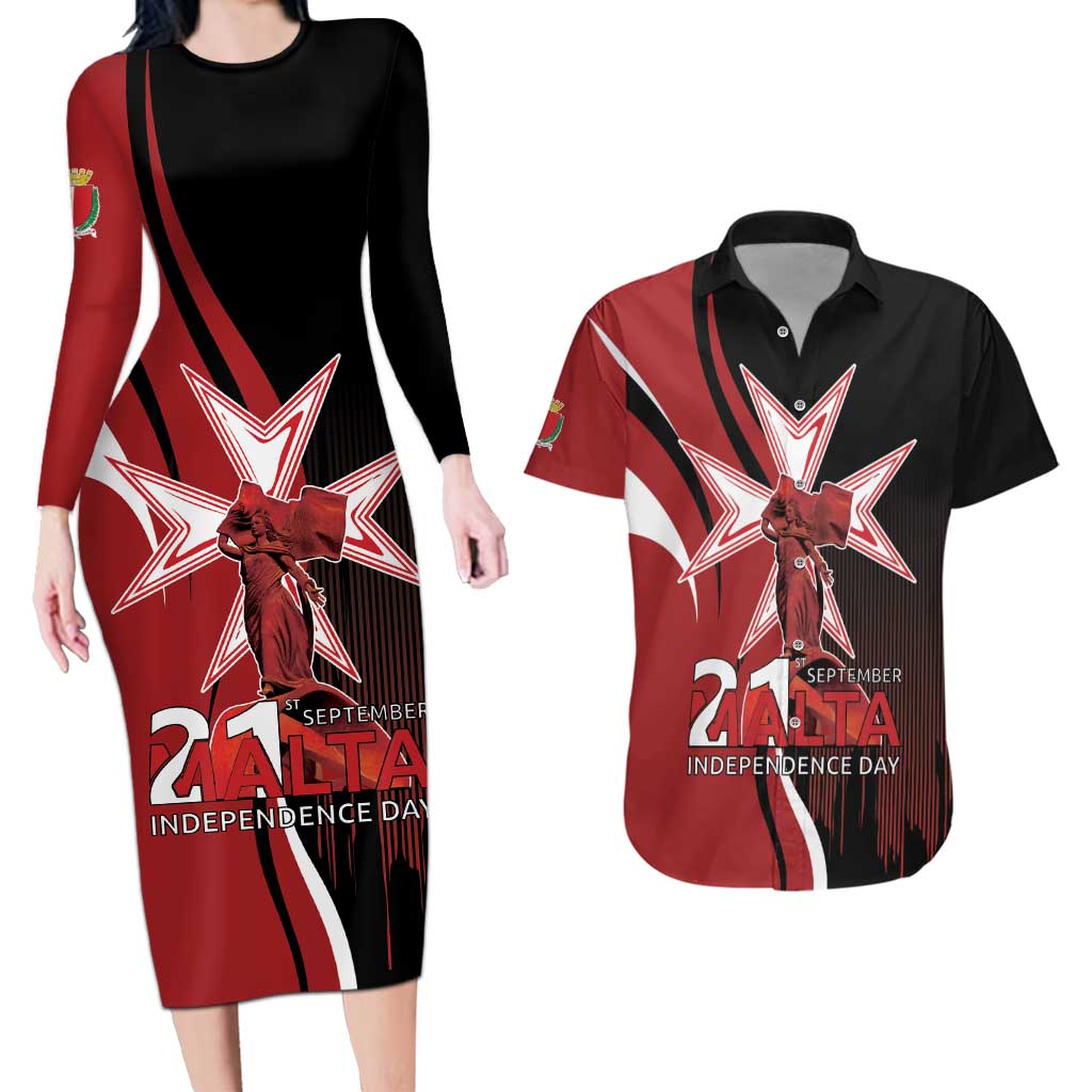 Personalized Malta Independence Day Couples Matching Long Sleeve Bodycon Dress and Hawaiian Shirt Maltese Cross With Independence Monument