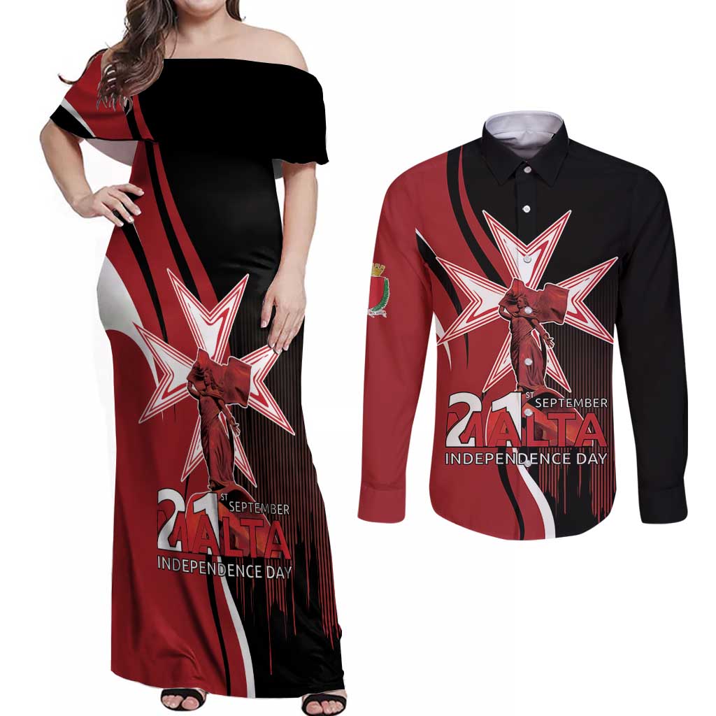 Personalized Malta Independence Day Couples Matching Off Shoulder Maxi Dress and Long Sleeve Button Shirt Maltese Cross With Independence Monument