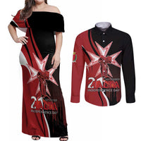 Personalized Malta Independence Day Couples Matching Off Shoulder Maxi Dress and Long Sleeve Button Shirt Maltese Cross With Independence Monument