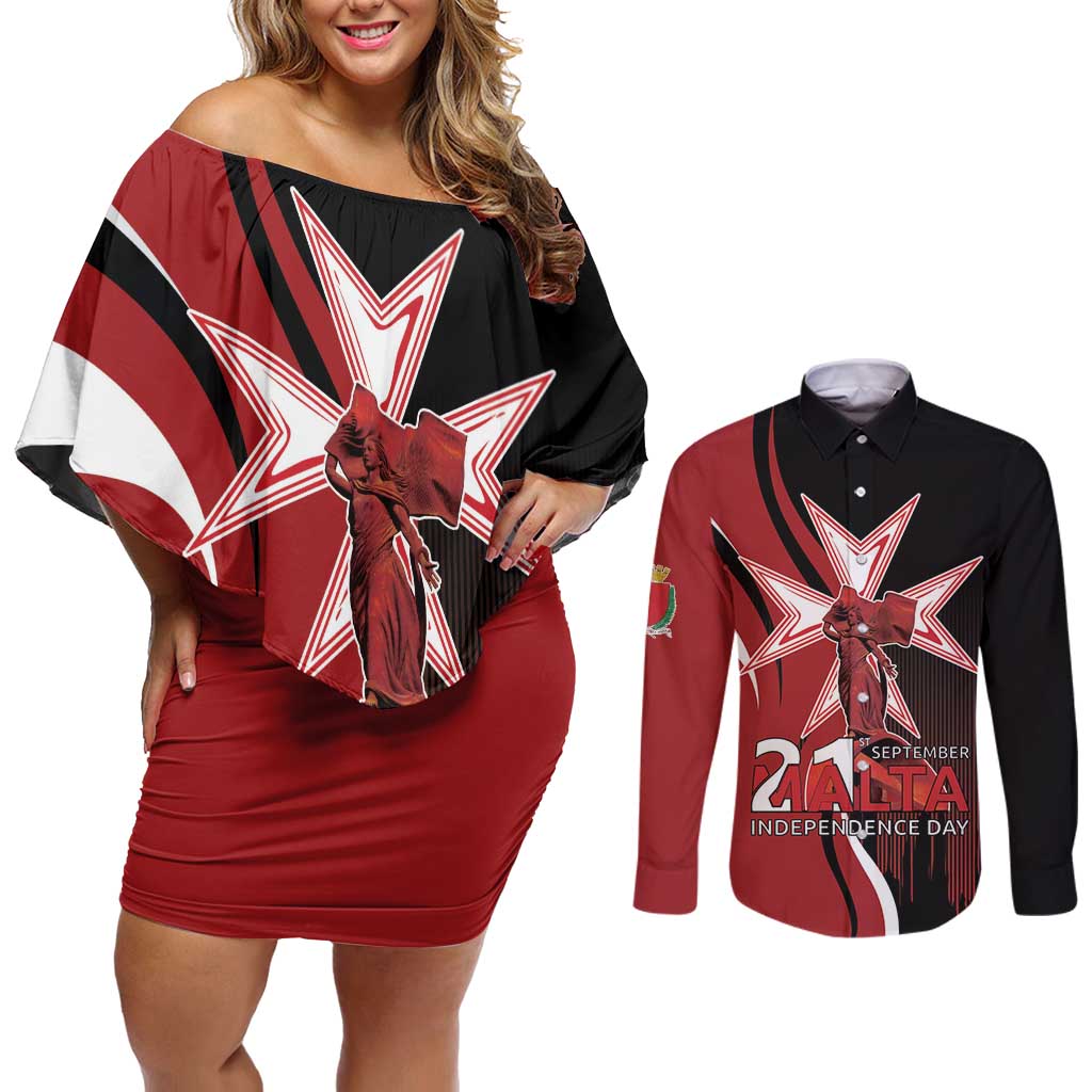 Personalized Malta Independence Day Couples Matching Off Shoulder Short Dress and Long Sleeve Button Shirt Maltese Cross With Independence Monument