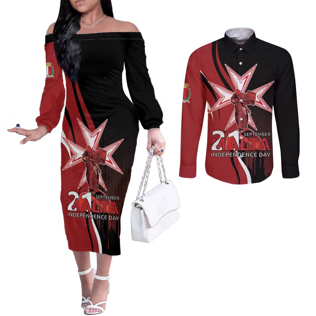 Personalized Malta Independence Day Couples Matching Off The Shoulder Long Sleeve Dress and Long Sleeve Button Shirt Maltese Cross With Independence Monument